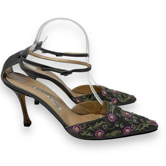 Manolo Blahnik Carolyne Vintage Gray Embroider Floral Slingback Kitten Heel 40.5 - Picture 2 of 13